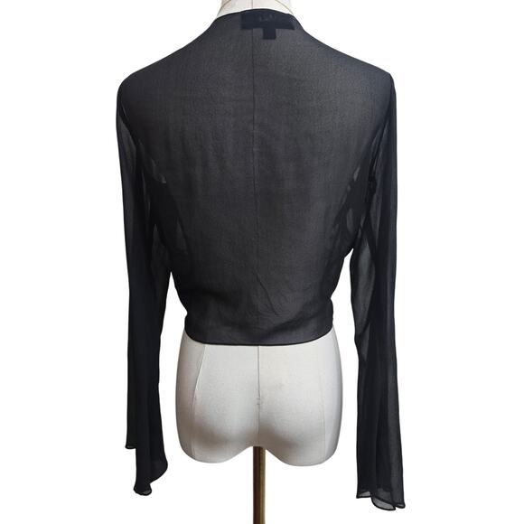 Tadashi Women Vtg Y2K Fairy Whimsigoth Sheer Black Flare Sleeve Tie Front Top 8 - Picture 4 of 12